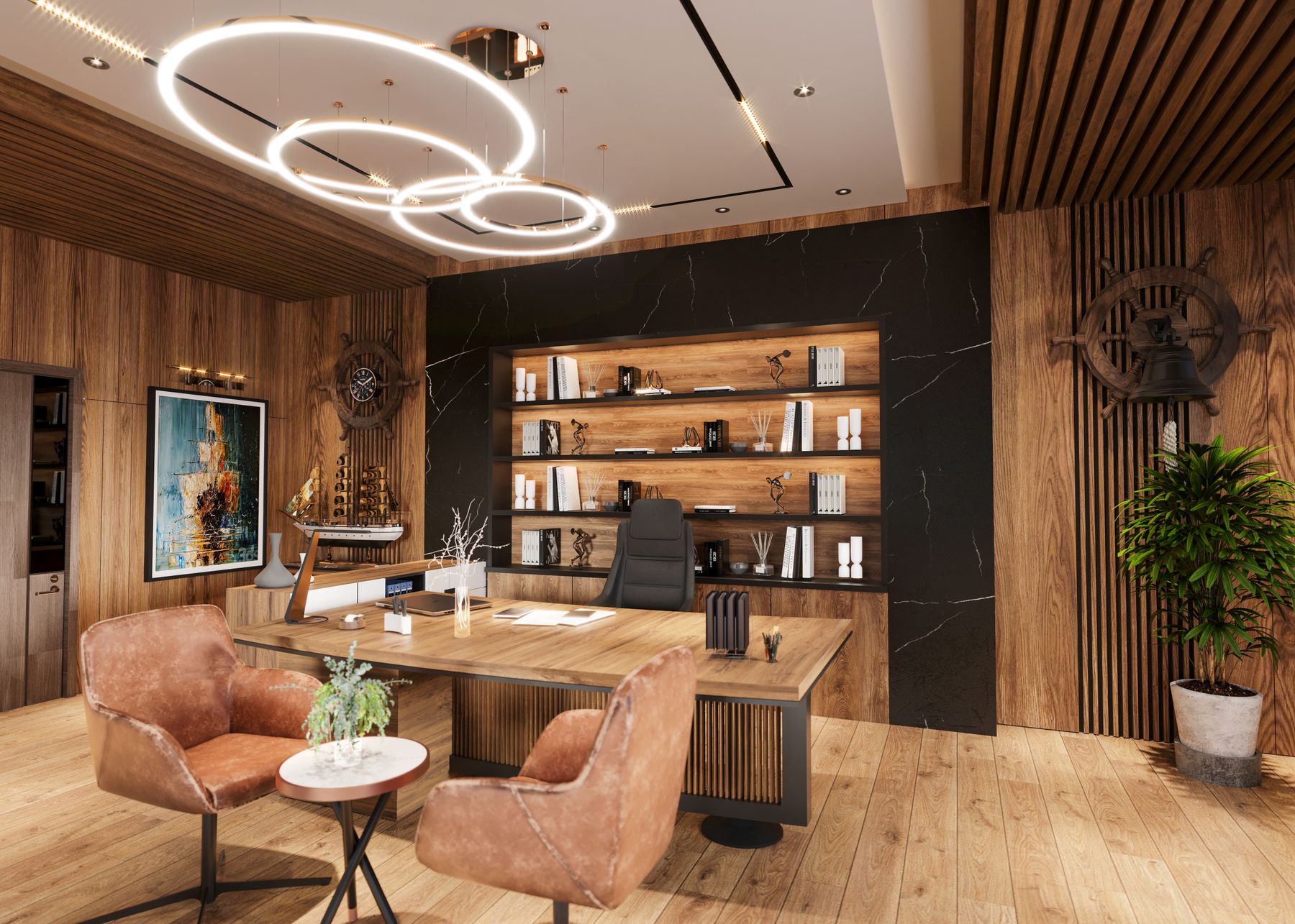 Luxury executive office with warm wood, stone and refined lighting