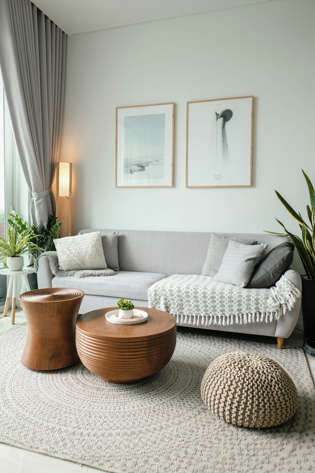 Editorial living room interior with furniture and lighting